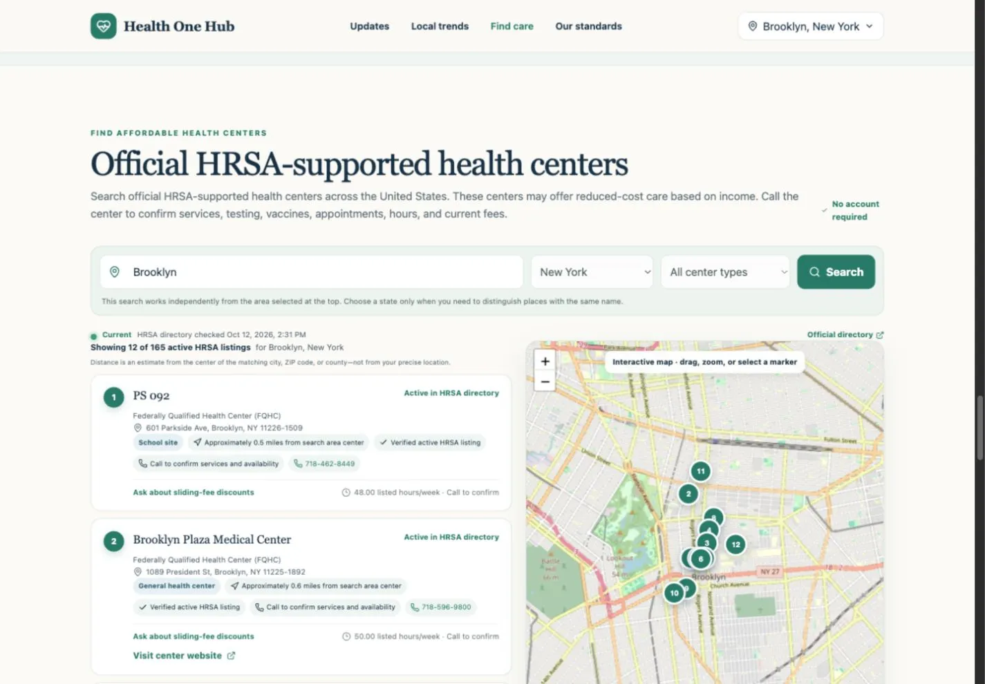 Health-center search with Brooklyn results, contact details, service-confirmation reminders and an interactive map.