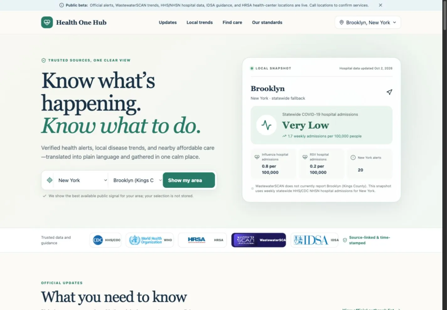 Health One Hub dashboard with an area selector and a clearly labeled local health snapshot.